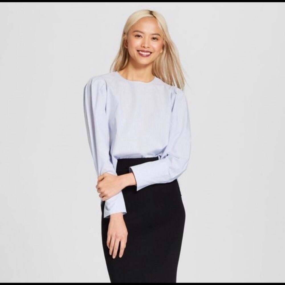 Who What Where L blue pinstripe crew neck blouse